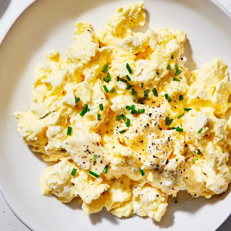 Golden Cottage Cheese Scrambled Eggs, cooked to perfection and flavored with savory seasonings for brunch.