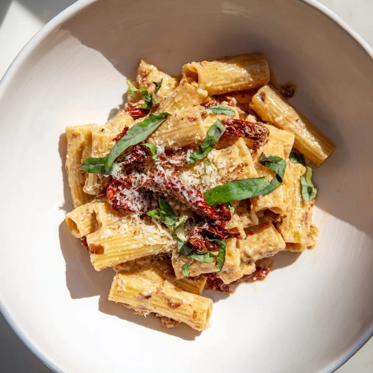 A beautiful bowl of creamy sun-dried tomato pasta, garnished with fresh basil and Parmesan cheese.