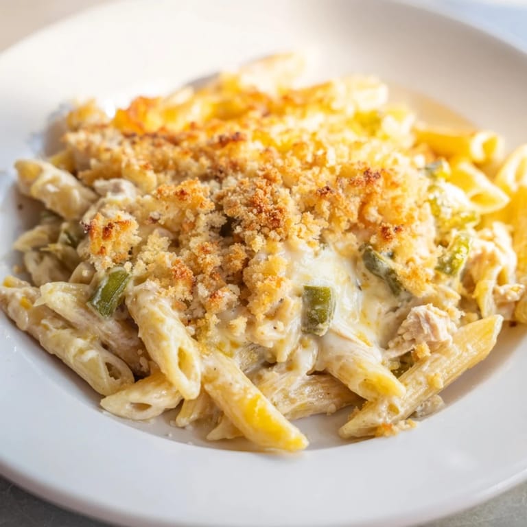 Imagine a close-up of the spicy Jalapeño Popper Chicken Pasta, fresh from the oven, ready to serve.