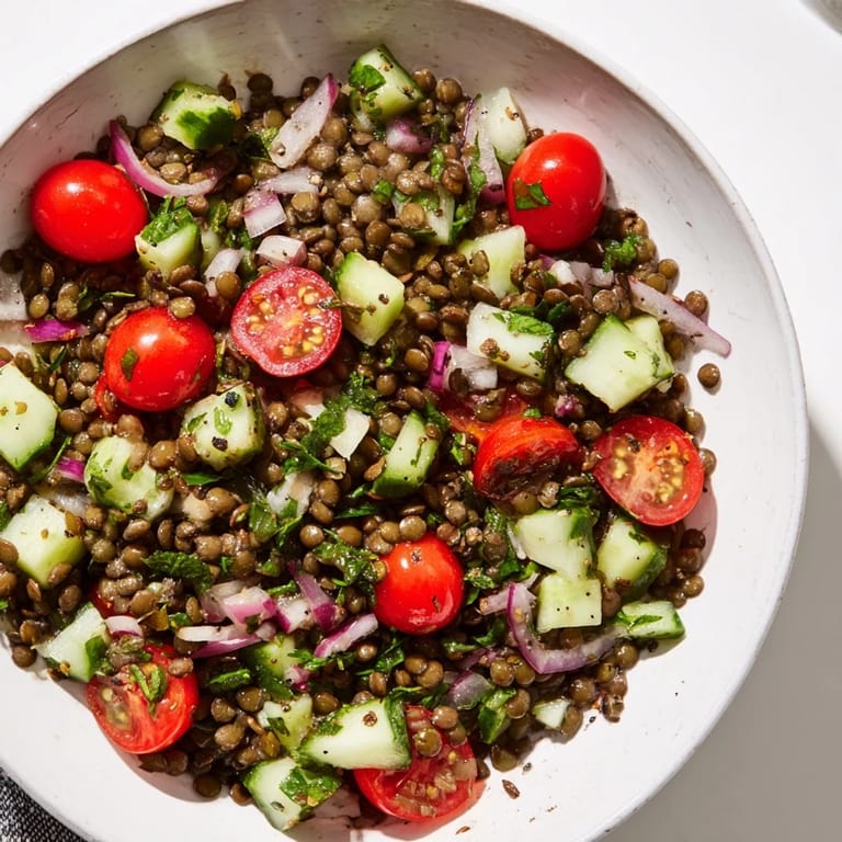 This vibrant lentil salad features cooked lentils tossed with tomatoes, cucumber, and a tangy dressing.