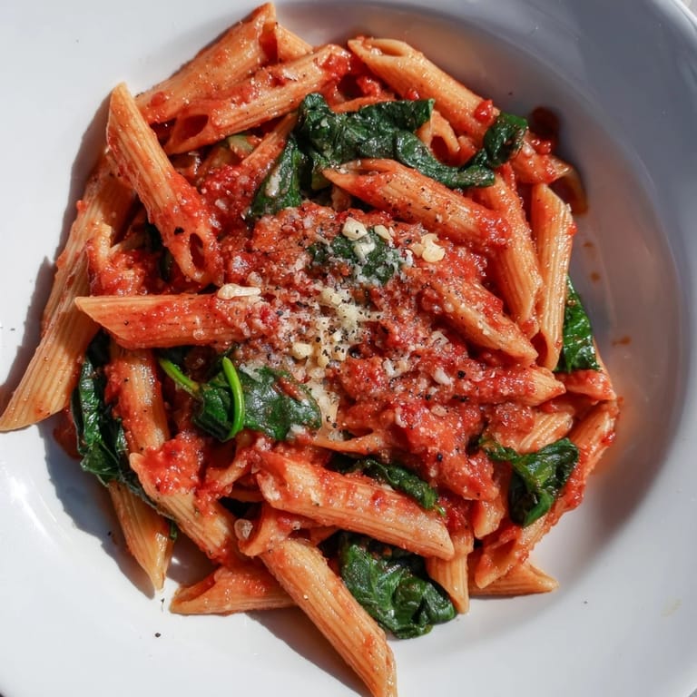 A steaming bowl of quick marinara pasta, the vibrant sauce clinging to the spaghetti noodles.