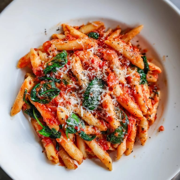 Enjoy delicious, easy quick marinara pasta made with fresh spinach, perfect for any weeknight meal.