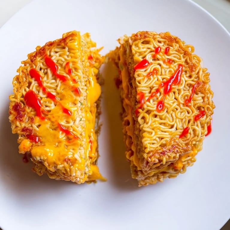 A close-up of a perfectly grilled Instant Ramen Grilled Cheese, showcasing the crispy ramen "buns" and cheesy filling.