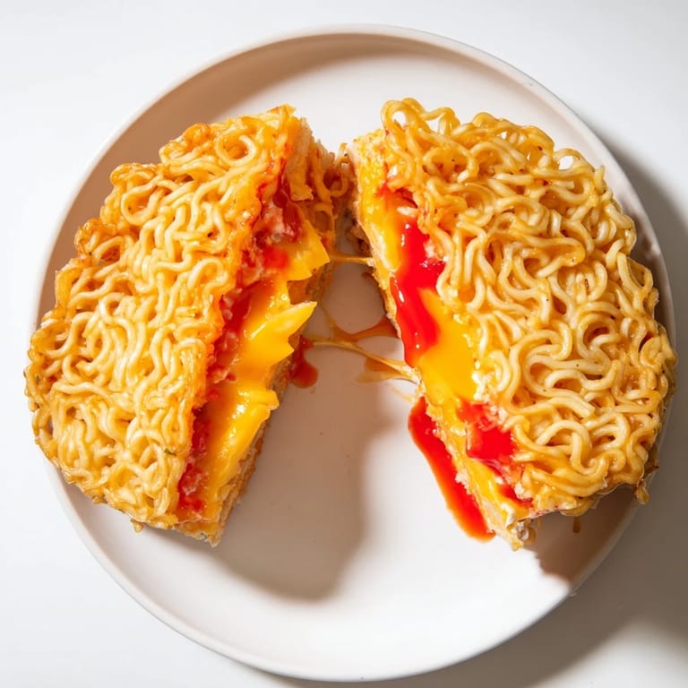 Enjoy this comforting, flavorful Instant Ramen Grilled Cheese: a quick lunch with spicy hot sauce and melted cheese.