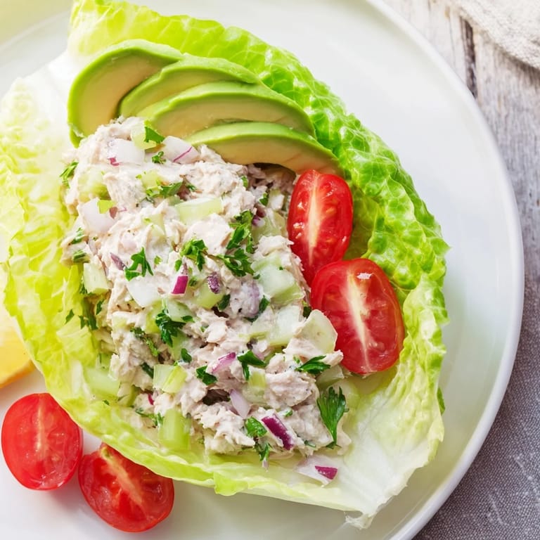 Vibrant image of tuna salad lettuce wraps: tender tuna salad filling fresh lettuce cups, ready to enjoy.