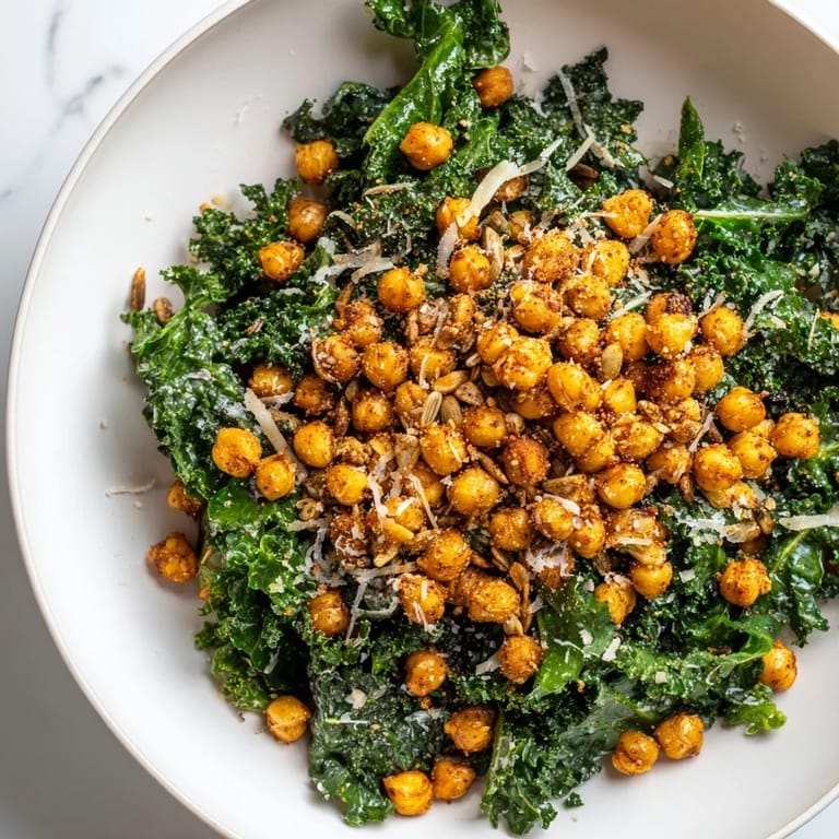Vibrant Warm Kale Salad with Crispy Chickpeas, with tender kale and toasted sunflower seed garnish.