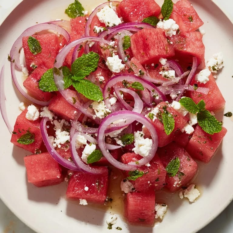 Close-up of a refreshing Watermelon Feta Salad, with red onion, mint, and a bright lime dressing visible.