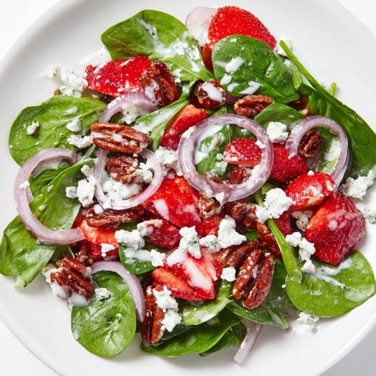 A close-up view of a beautifully arranged Strawberry Spinach Salad, ready to be enjoyed.