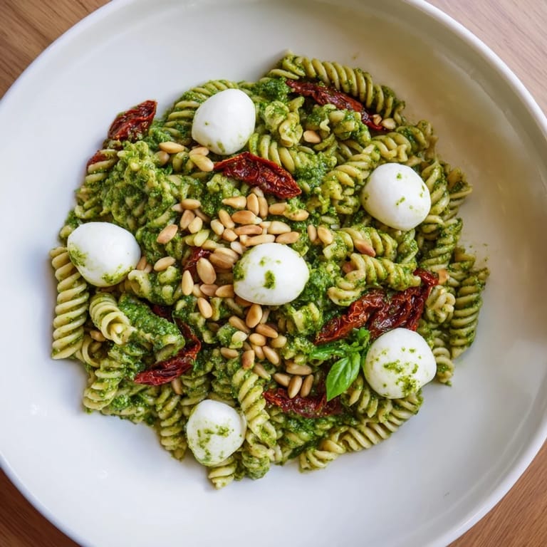 This Pesto Pasta Salad features al dente pasta coated in bright pesto ready to eat.