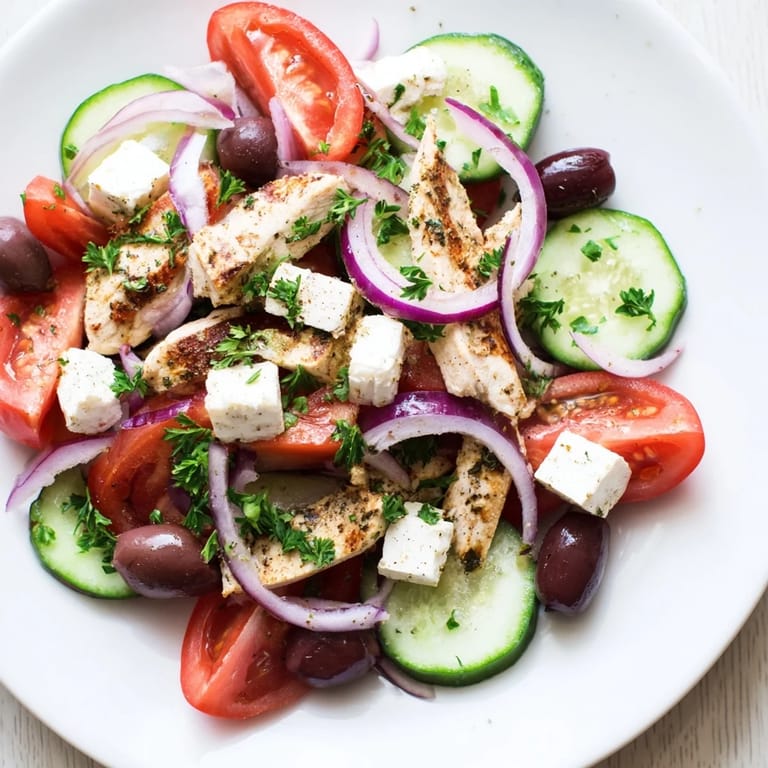 Freshly made Greek salad with grilled chicken, drizzled with zesty olive oil, a beautiful meal.