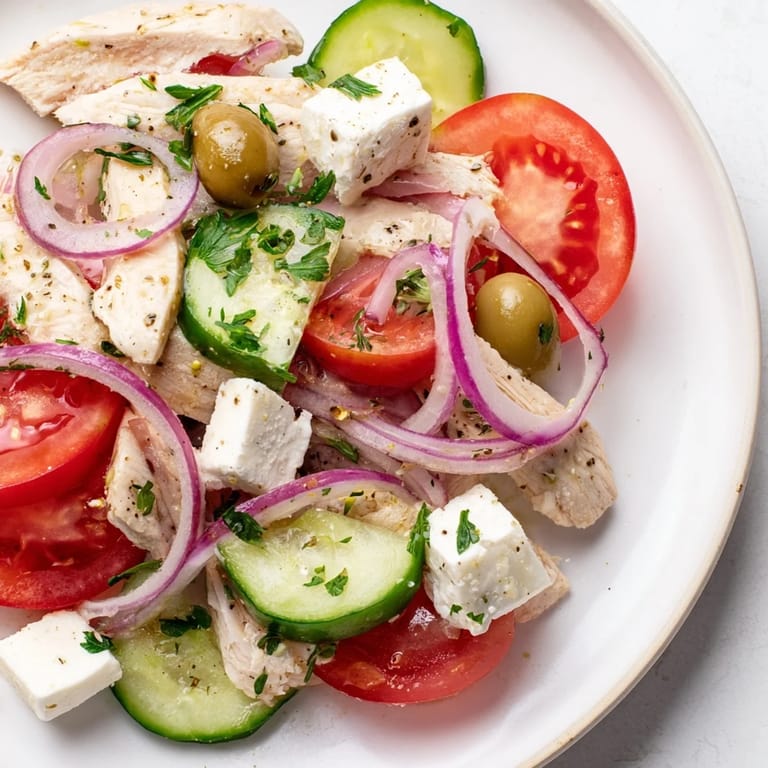A colorful close-up of Greek salad with grilled chicken ready for a healthy dinner.
