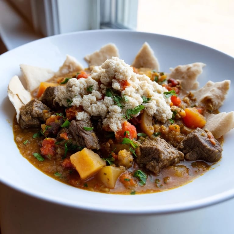Hearty Yemeni Saltah stew, with tender meat and vegetables, ready to be enjoyed with flatbread.