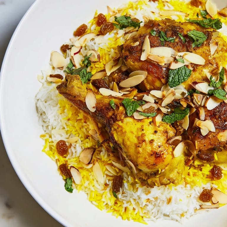 This vibrant photo shows a delicious Kuwaiti Biryani Rice, aromatic with spices and garnished perfectly.