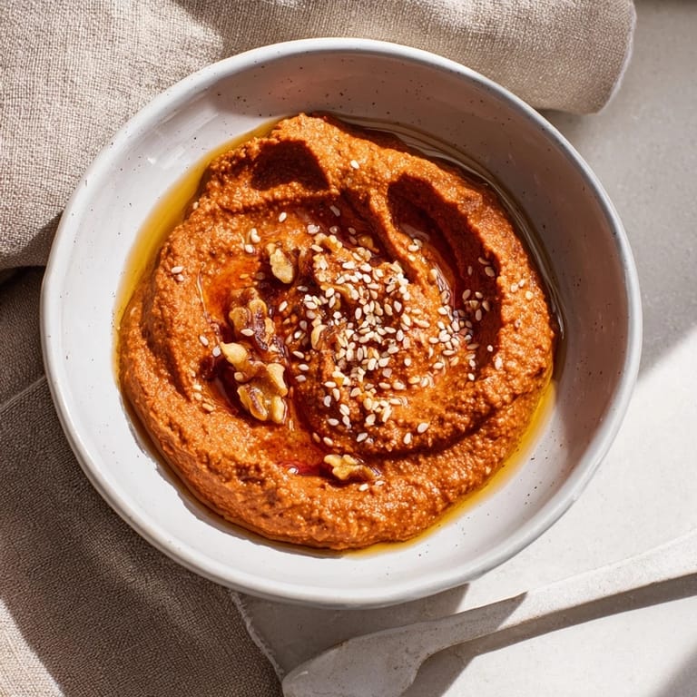 Roasted red peppers and walnuts come together in a flavorful Syrian muhammara, perfect for dipping.