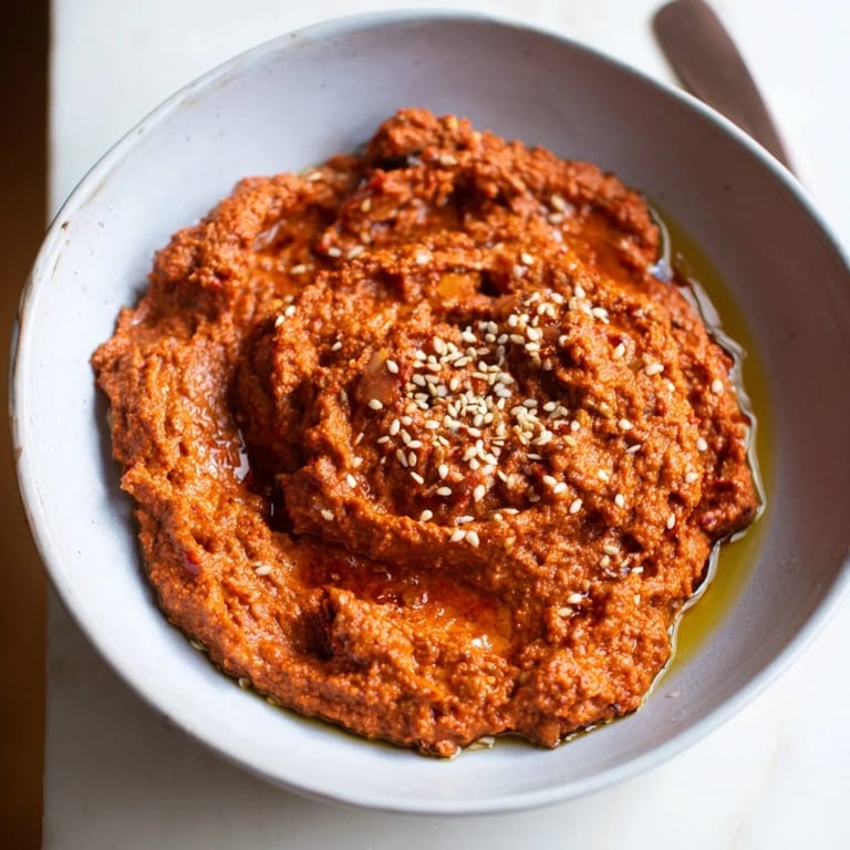 A close-up of a delicious Syrian muhammara, drizzled with olive oil, ready for a party.