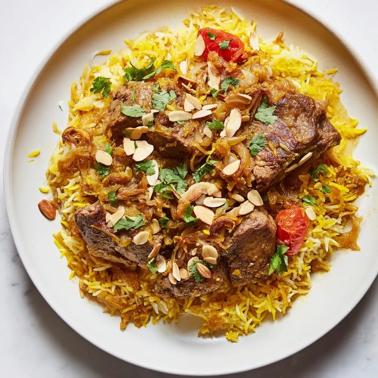 Enjoy the inviting aroma of homemade Qatari Majboos, a Middle Eastern rice dish with tender lamb and perfect flavors.