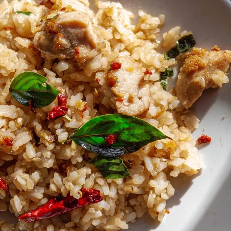 Wok-seared Thai Basil Chicken Fried Rice steaming in a skillet, featuring golden rice, crispy chicken pieces, and a sprinkle of sliced cucumbers.  