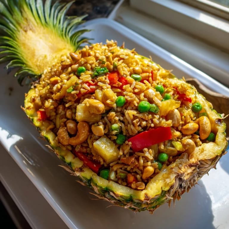 A close-up of golden pineapple fried rice with sweet pineapple chunks, crisp vegetables, and fluffy jasmine rice, served as a beautiful Thai-inspired meal.