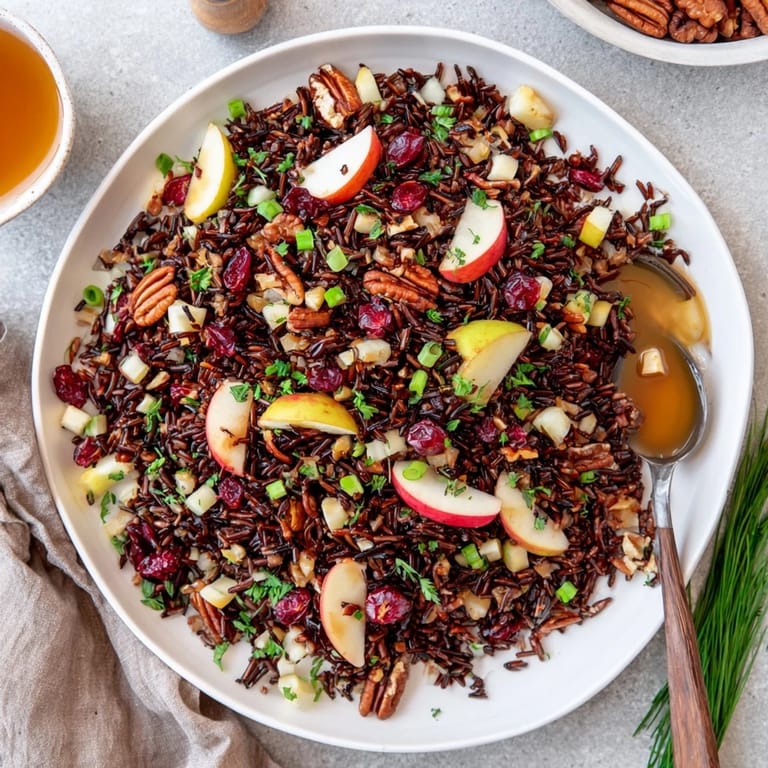 Close-up of Wild Rice Harvest Salad featuring fluffy wild rice, sweet apple chunks, and crunchy pecans.