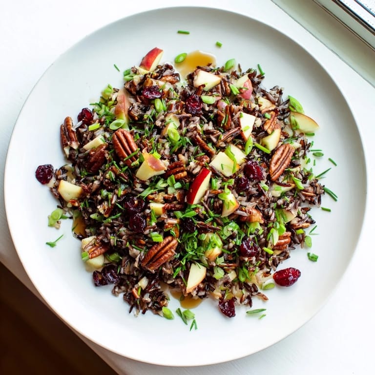 Serving suggestion for Wild Rice Harvest Salad, a hearty vegetarian side perfect for fall gatherings.