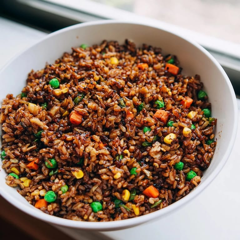 In a white ceramic bowl, Black Garlic Fried Rice is topped with a sunny-side-up egg and fresh green onions, ready to serve.