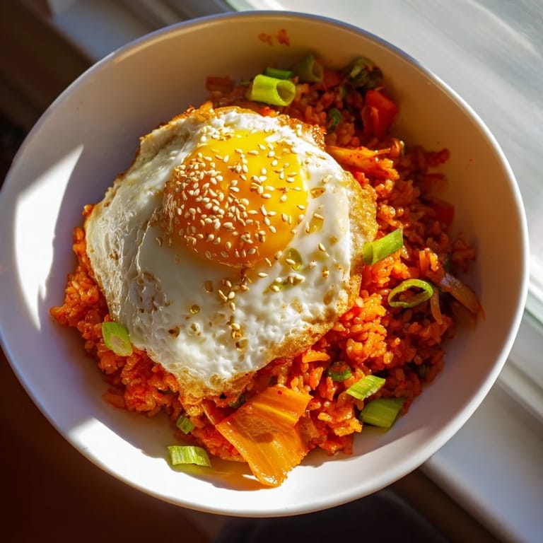 Colorful bowl of homemade kimchi fried rice, offering spicy, tangy aromas and perfect for a quick weeknight meal.