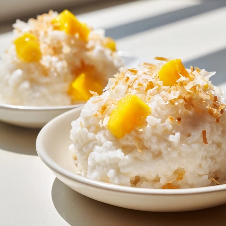 Warm Coconut Rice Sweet fluffed with vanilla, served in a bowl with a splash of coconut milk.