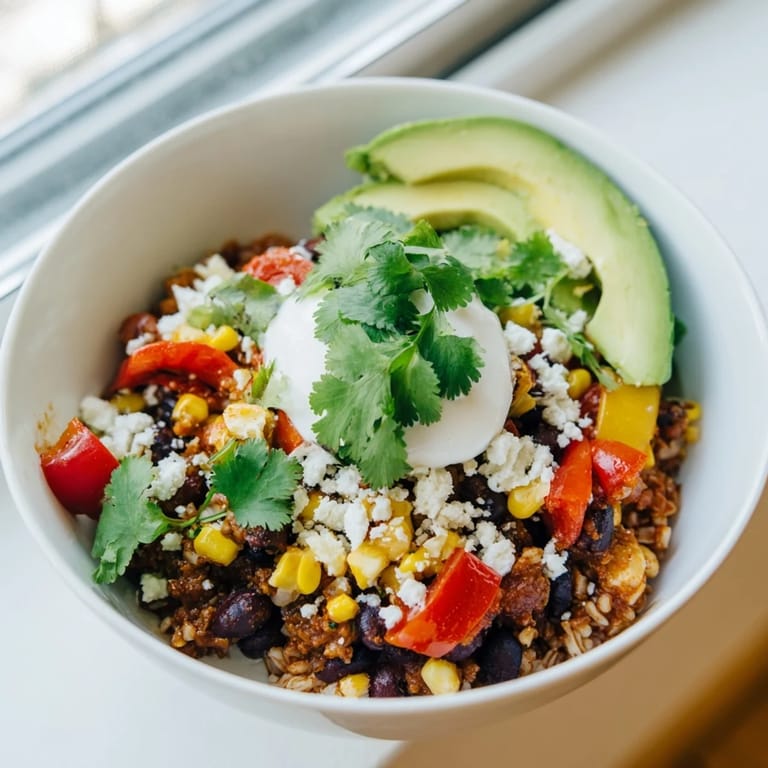 This vegetarian Mexican-inspired Brown Rice Burrito Bowl showcases hearty beans, fresh cilantro, and lime wedges for a balanced and satisfying weeknight meal.