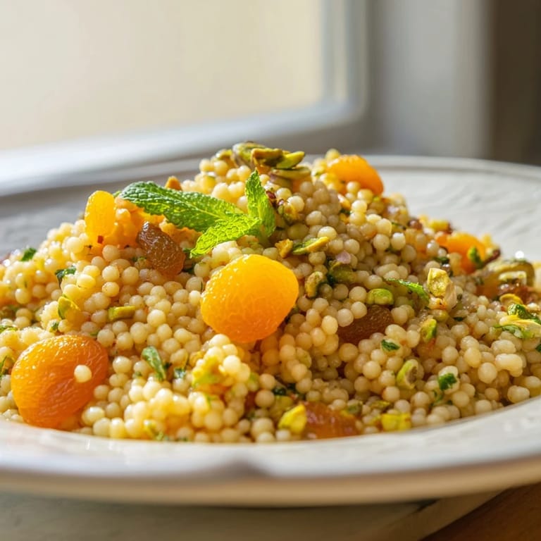 Aromatic couscous pilaf spiced with cumin and cinnamon, plated beside grilled vegetables and lemon wedges for a bright, vegetarian side.