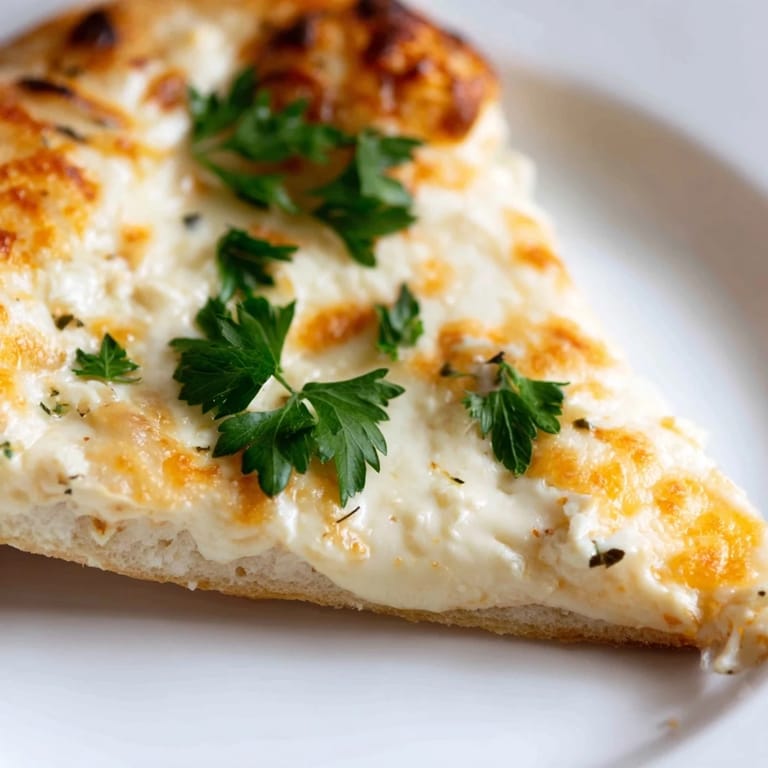 A freshly baked Creamy Garlic White Pizza, sliced to reveal the velvety garlic cream sauce inside the golden crust.