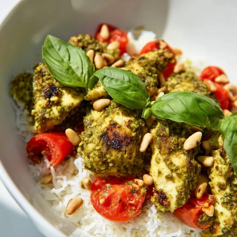 Close-up of Chicken Pesto Rice Bowl featuring tender pesto-coated chicken over fluffy white rice.  