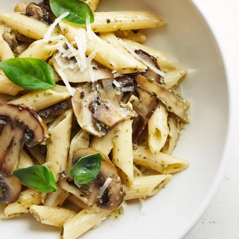 Steaming bowl of homemade mushroom pesto pasta with penne, rich green sauce, and grated Parmesan cheese.