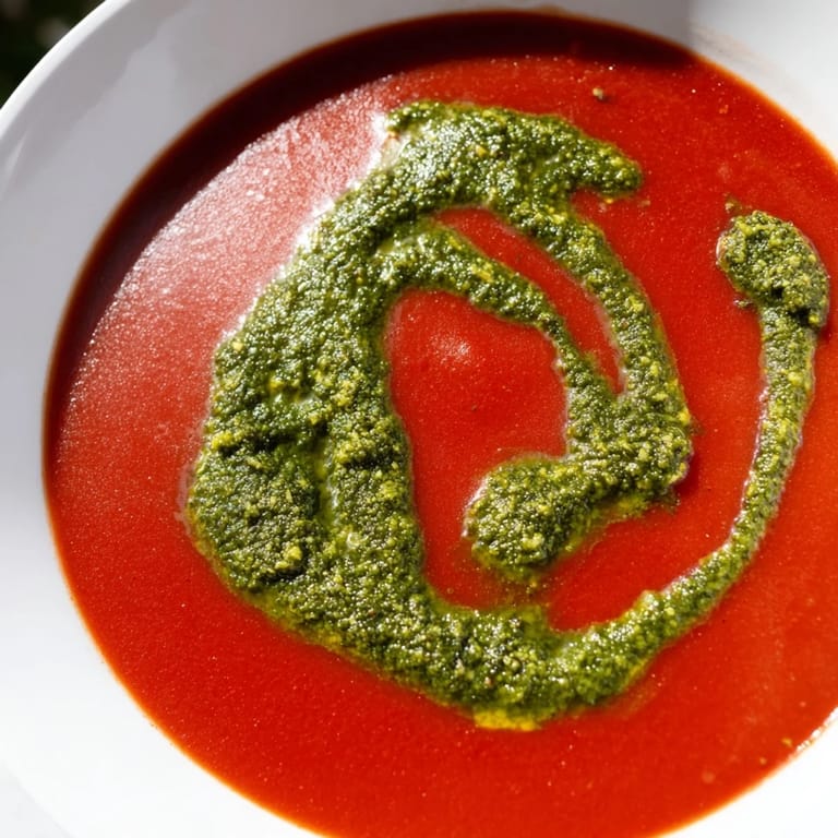 A close-up of velvety tomato soup topped with a vibrant green swirl of fresh basil pesto, steaming warmly.