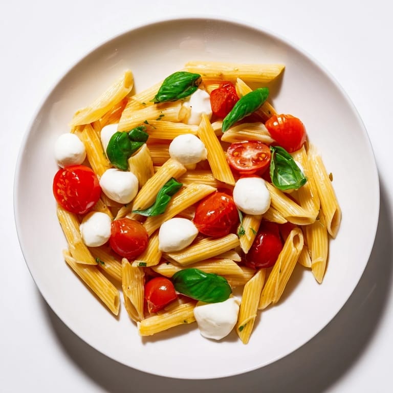 Cold Caprese Salad Pasta features tender penne, halved tomatoes, and torn basil leaves, perfect for a quick summer picnic.
