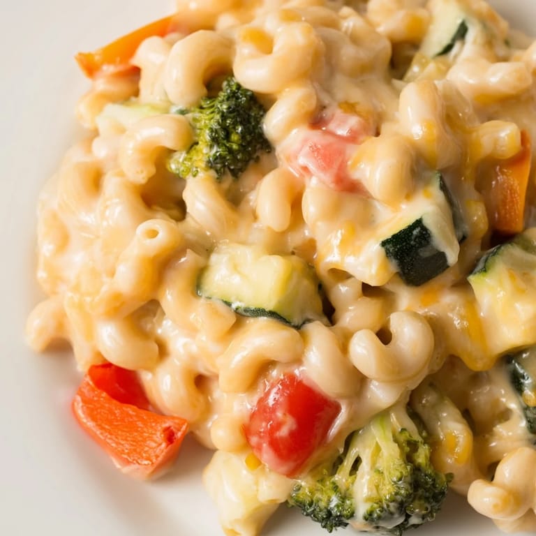 Comfort food at its best: Roasted Veggie Mac & Cheese loaded with cherry tomatoes, Parmesan, and a creamy cheese blend.