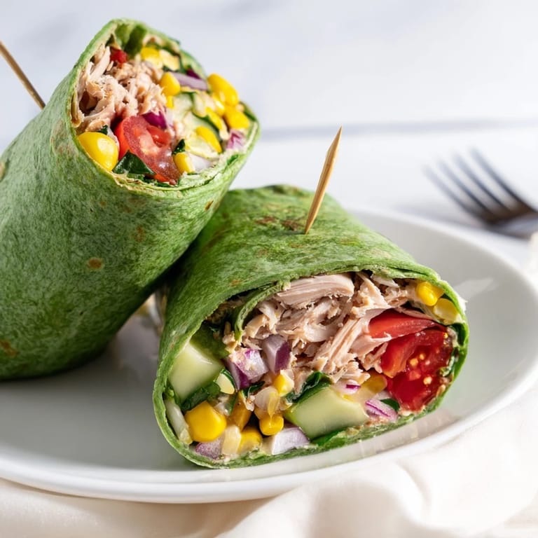 Hearty BBQ Chicken Salad Wrap with vibrant red onions, cherry tomatoes, and corn tucked into a soft spinach tortilla.