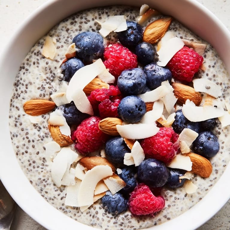 A spoon dips into the thickened Poppy Seed Chia Pudding, revealing the subtle crunch of poppy seeds and a creamy texture from almond milk.  