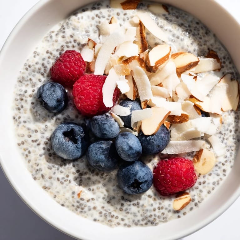 Served in a rustic bowl, the Poppy Seed Chia Pudding garnished with shredded coconut and berries makes a vibrant, healthy dessert option.