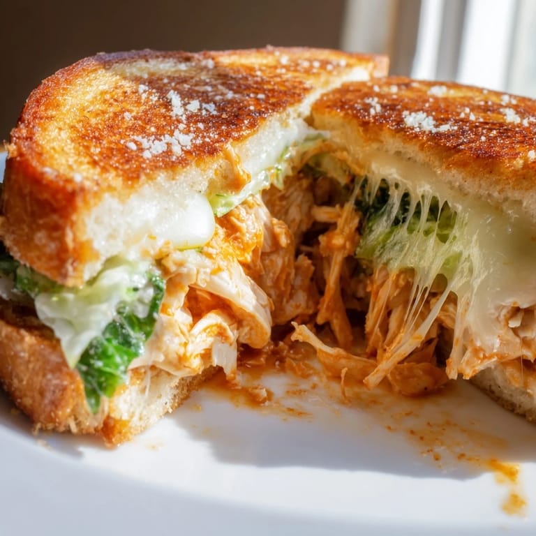 Buffalo Chicken Caesar Grilled Cheese halves on a white plate, paired with a crisp lager and celery sticks.