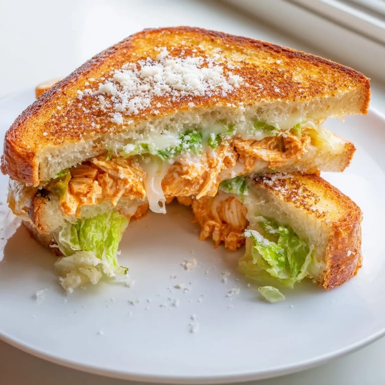 A close-up of a crispy grilled cheese with buffalo chicken, Caesar dressing, and a drizzle of extra sauce.