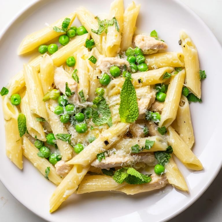 Plate of Pea & Mint Chicken Pasta, steam rising, with Parmesan shavings and chopped mint adding a fresh, aromatic garnish.