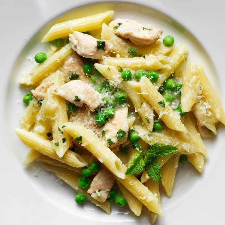 Spring-inspired Pea & Mint Chicken Pasta features golden chicken strips and vibrant peas, ready to be served with a crisp white wine.