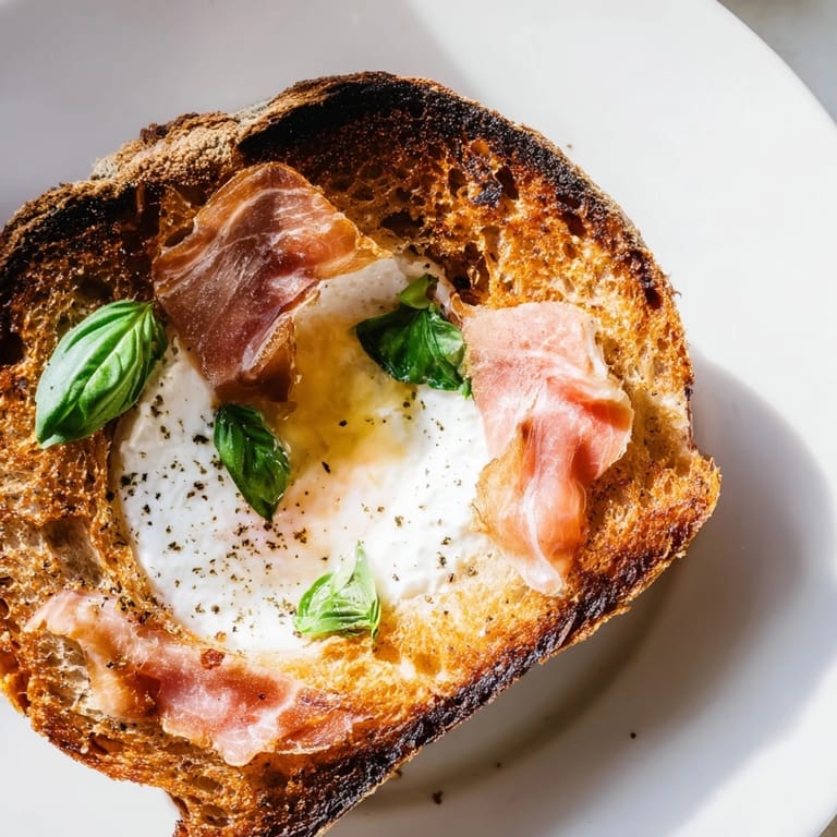 Crisp prosciutto layered over torn burrata inside buttery, golden grilled bread with fresh basil leaves peeking out.