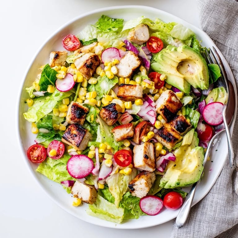 Hearty Roasted Corn & Chicken Chopped Salad served in a rustic bowl with cherry tomatoes and a light vinaigrette.