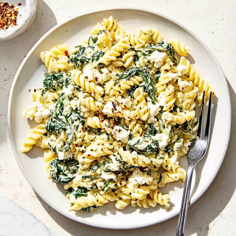 Close-up of creamy feta spinach pasta twirled on a fork, highlighting velvety sauce and tender spinach.