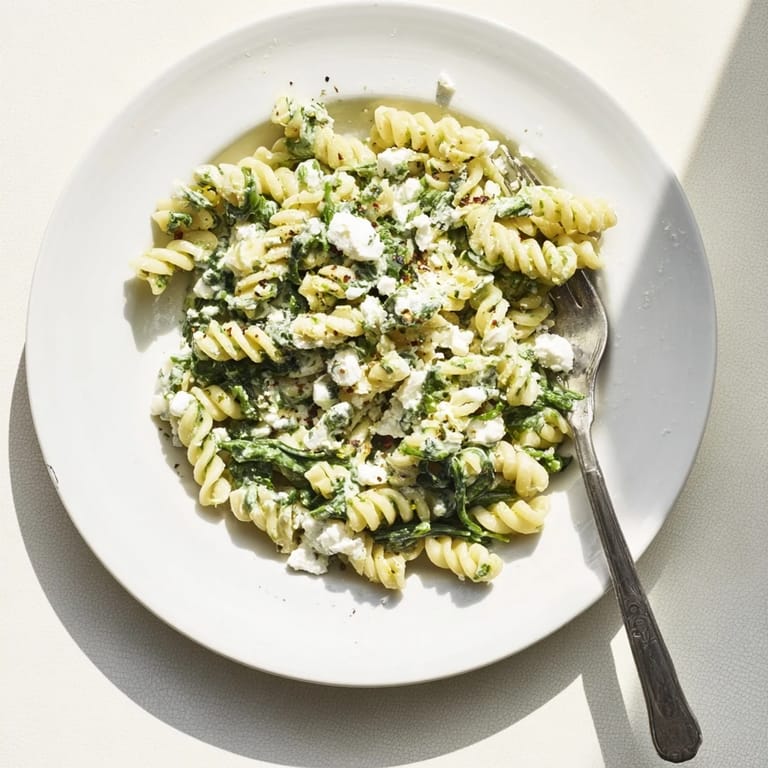 A steaming bowl of creamy feta spinach pasta with glossy sauce and fresh herbs for garnish.