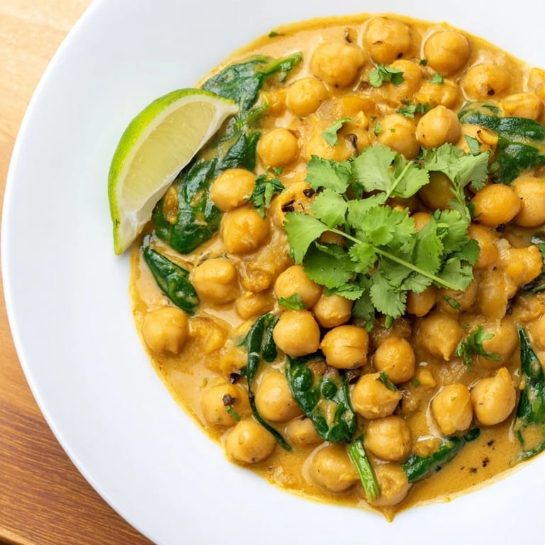 A vibrant bowl of Chickpea Curry served over fluffy basmati rice with lime wedges nearby.