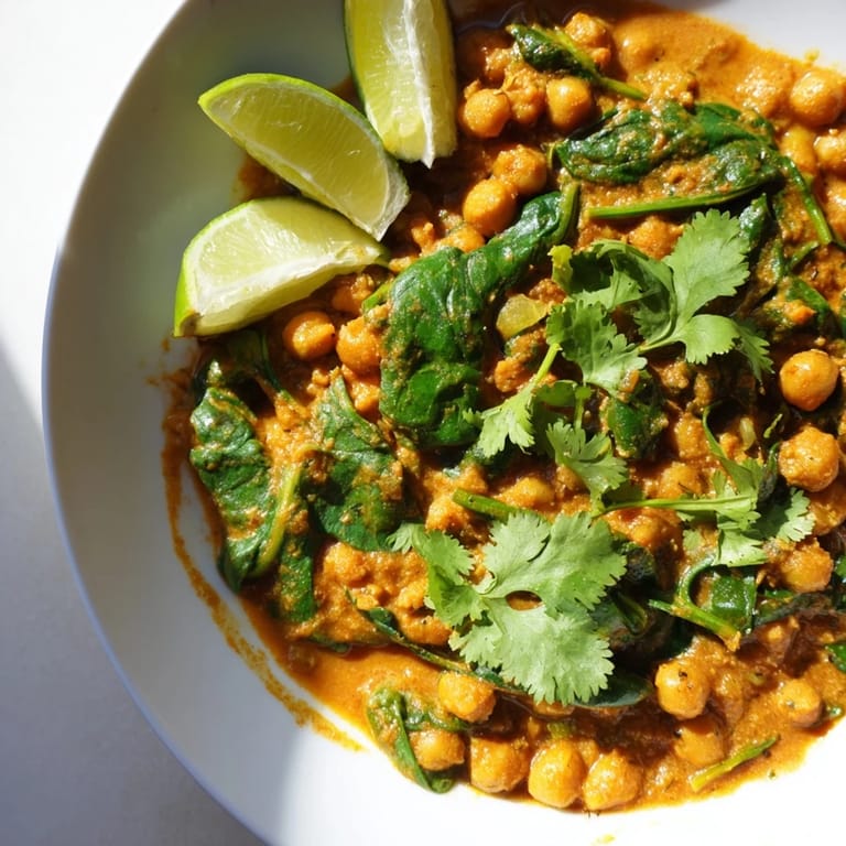 Rich, golden Chickpea Curry in a skillet with wilted spinach and a spoon ready to serve.