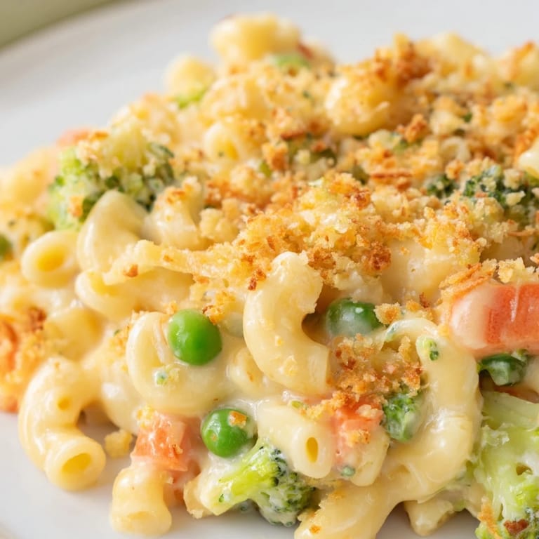 Close-up of a spoon lifting a cheesy bite of Garden Veg Mac and Cheese, revealing colorful vegetables like diced carrots and broccoli mixed with pasta.