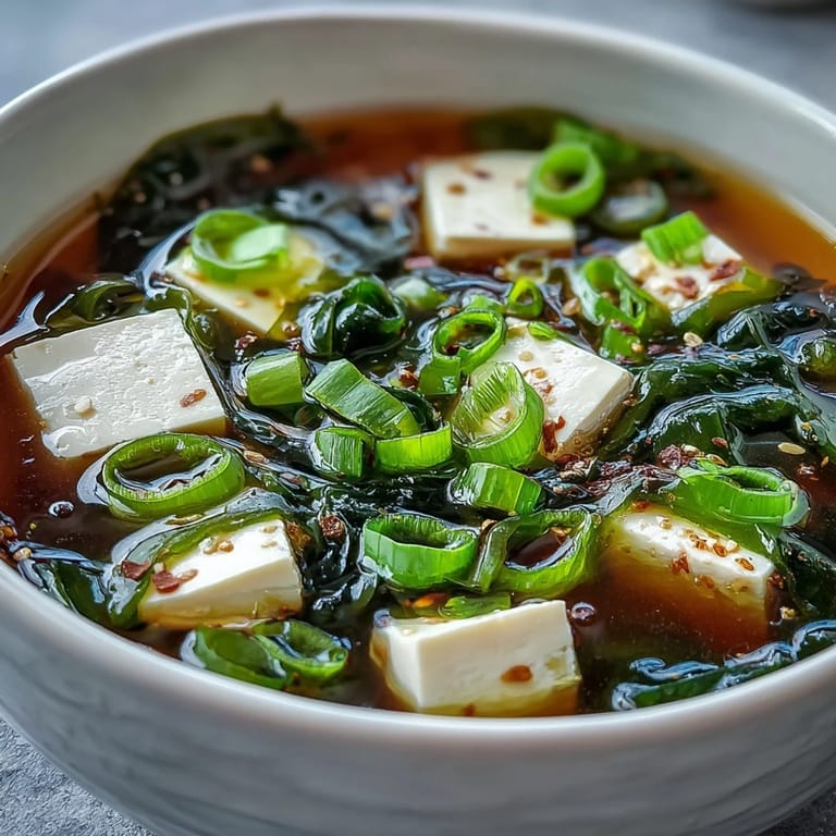 Silken tofu and tender wakame float in savory Miso Soup With Tofu.